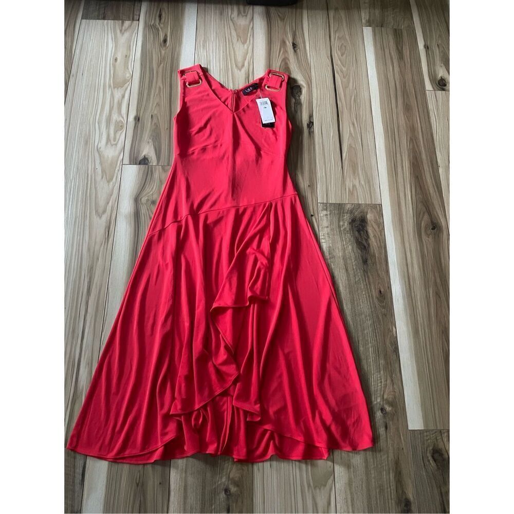 NWT RALPH LAUREN Womens Red Sleeveless V Neck Midi RUFFLED Sheath Dress  Size PM